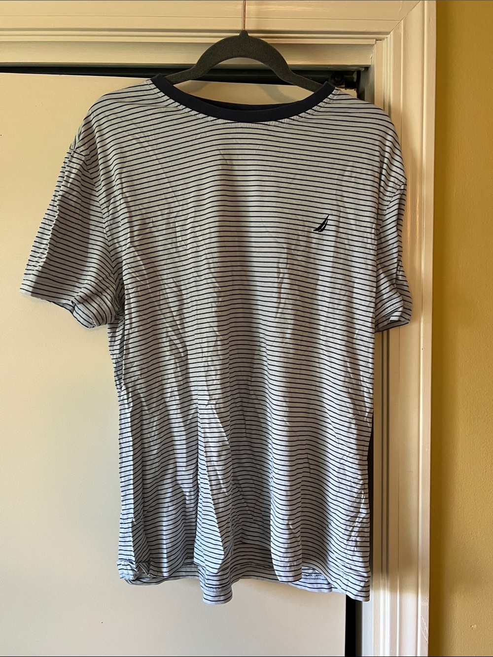 Nautica White Tee with Thin Navy Stripes and Navy Collar XXL